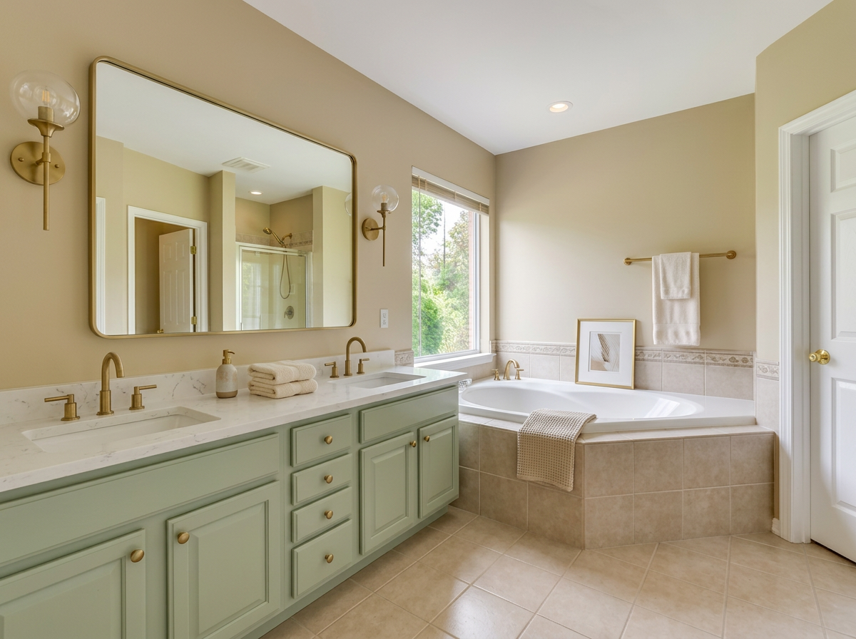 The same bathroom after a painted vanity, quartz top and brass fixtures