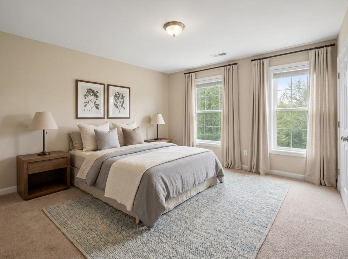 The same bedroom after new bedding, drapery, rug and lighting