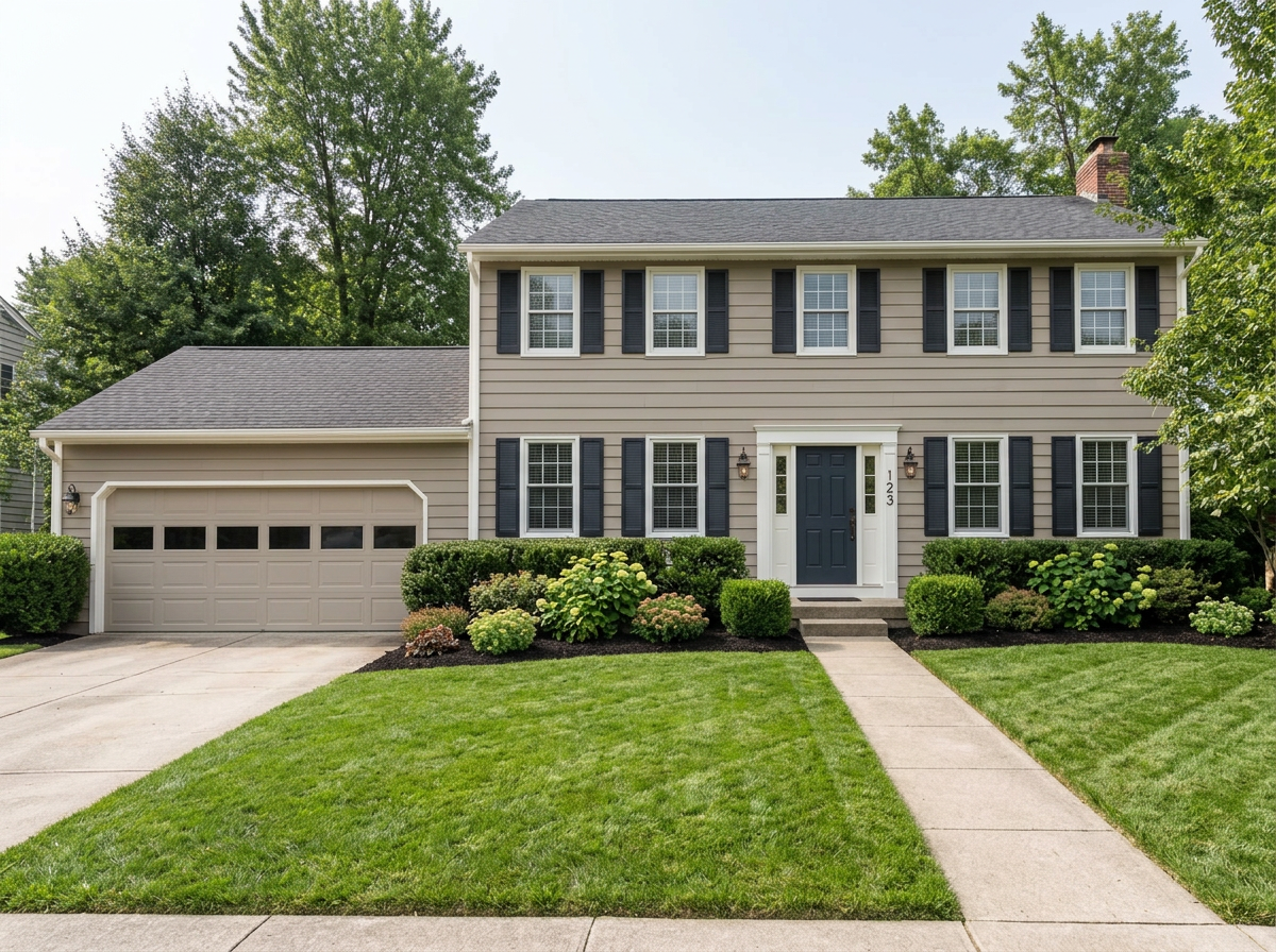 The same colonial home after fresh paint, a new front door and layered landscaping