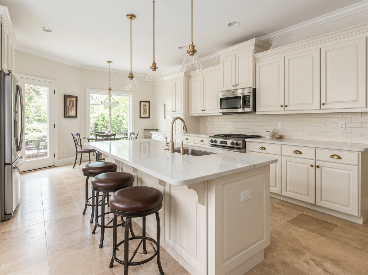 The same kitchen after painted cabinets, quartz counters and new lighting