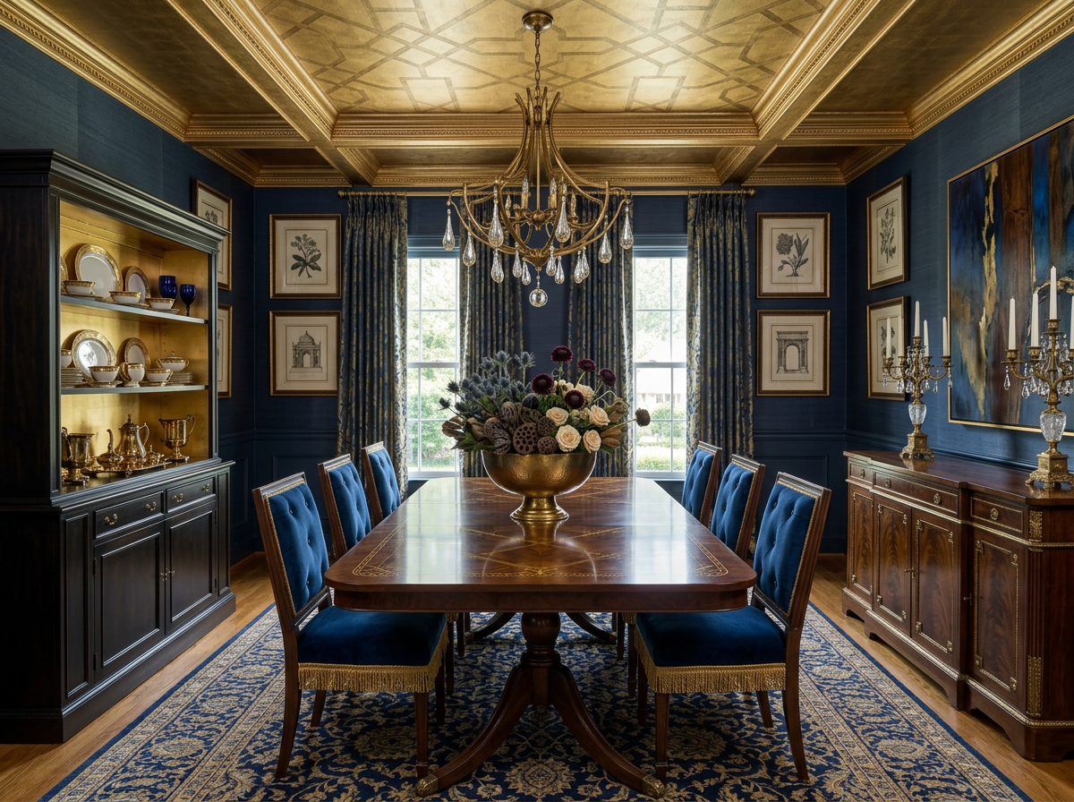 The same dining room reimagined with deep blue walls, a dark wood table, a gold statement chandelier and layered drapery