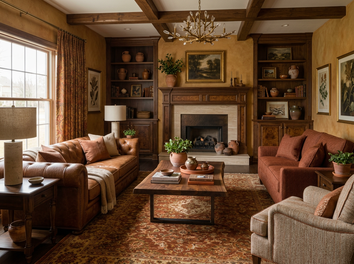 The same family room reimagined with warm terracotta walls, a cognac leather sofa, layered lighting and a patterned rug