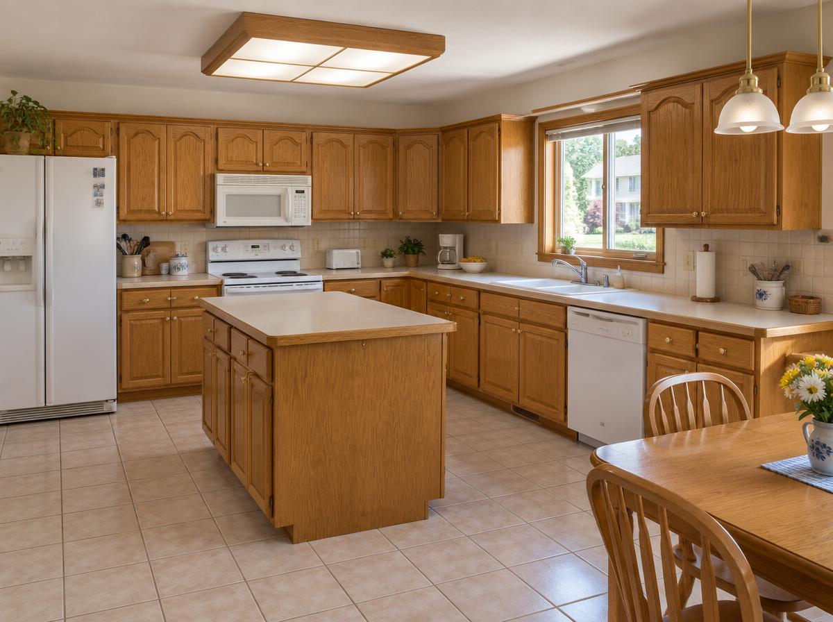 A well-kept kitchen with honey-toned cabinets before a refresh