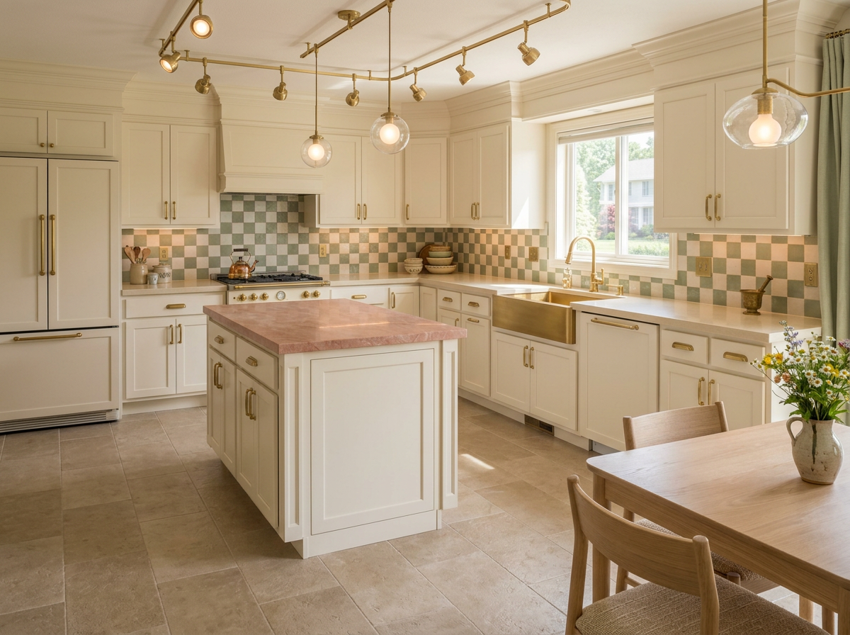 The same kitchen reimagined with cream cabinetry, a dusty-rose island, a sage checker backsplash and brass accents